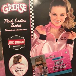 Pink ladies costume jacket, scarf and glasses.
